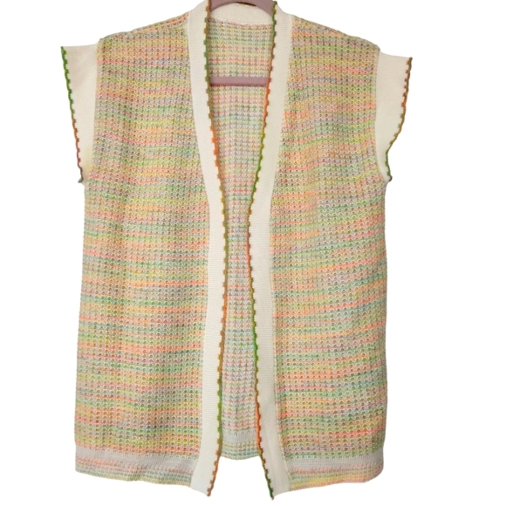 Vtg 70s Open Knit Pastel Rainbow Cardigan Large Sleeveless